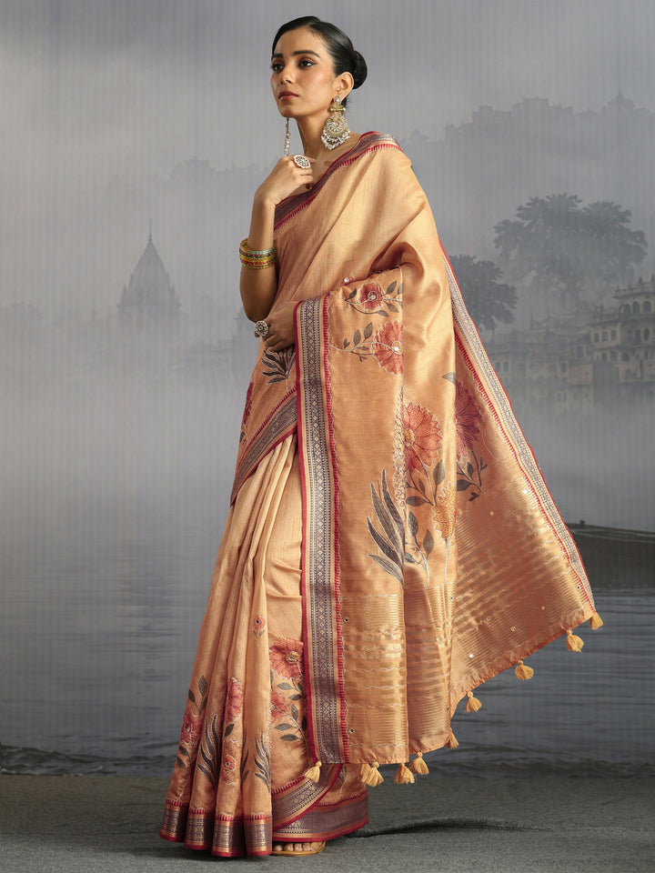 Libas Beige Floral Printed Silk Blend Tassel Saree