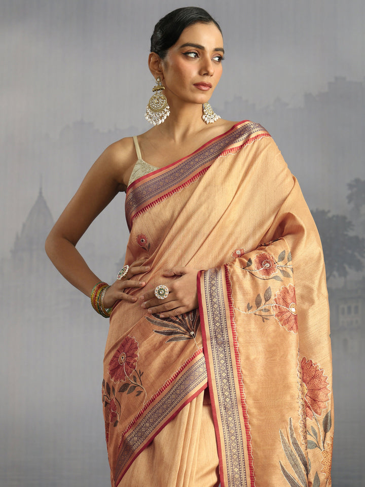 Libas Beige Floral Printed Silk Blend Tassel Saree