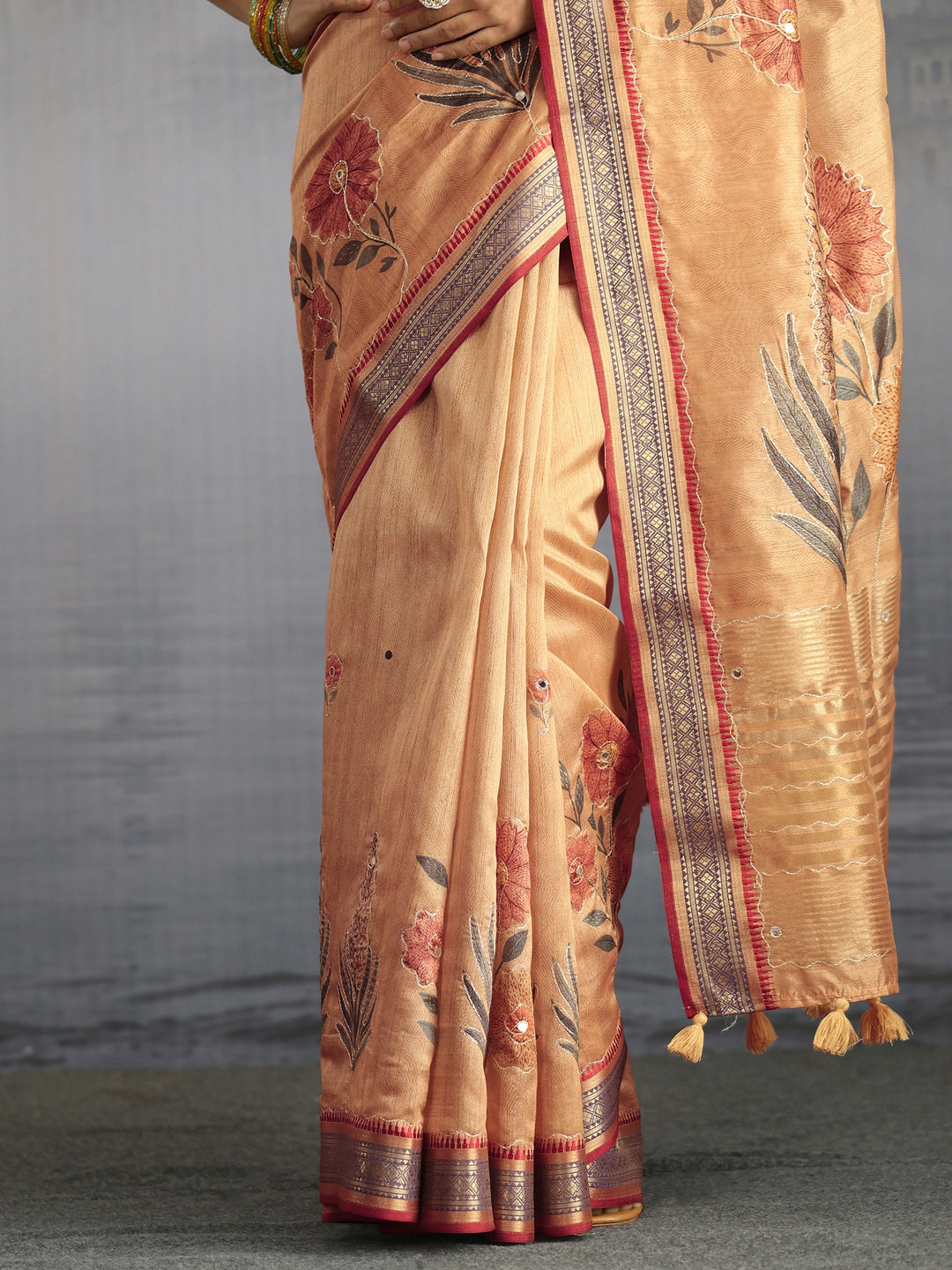 Libas Beige Floral Printed Silk Blend Tassel Saree