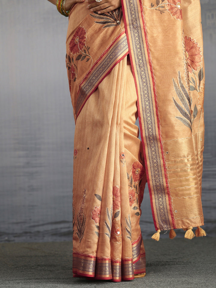 Libas Beige Floral Printed Silk Blend Tassel Saree