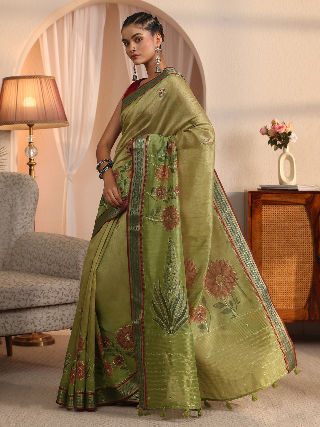 Libas Green Floral Printed Silk Blend Tassel Saree with Woven Border