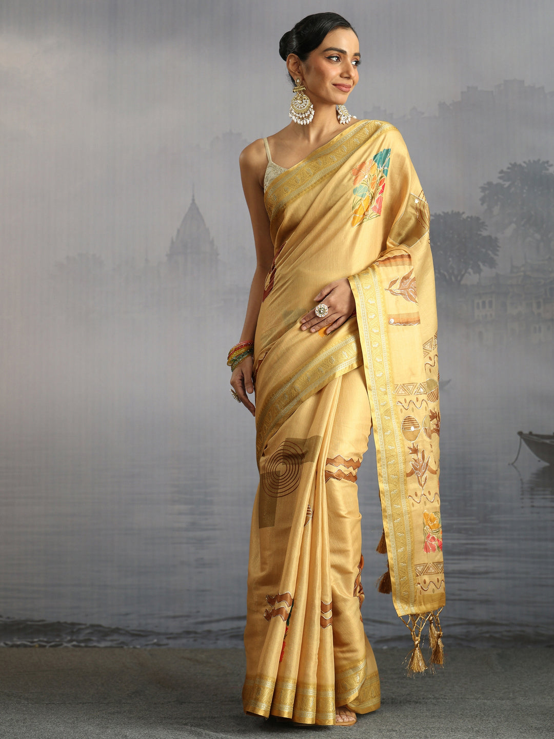 Libas Beige Floral Printed Silk Blend Tassel Saree