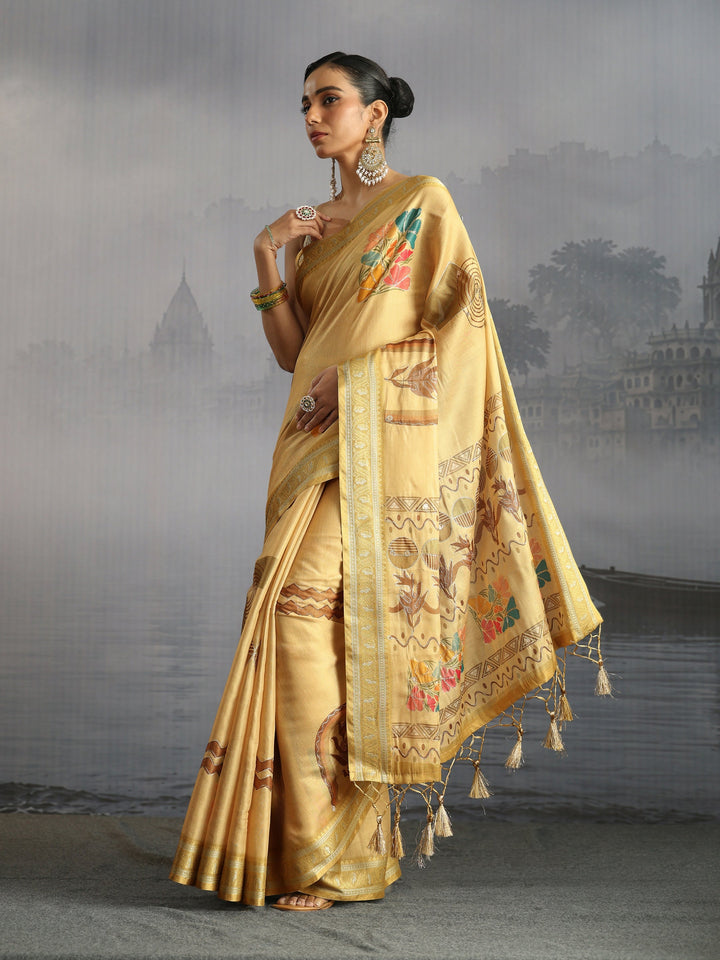 Libas Beige Floral Printed Silk Blend Tassel Saree
