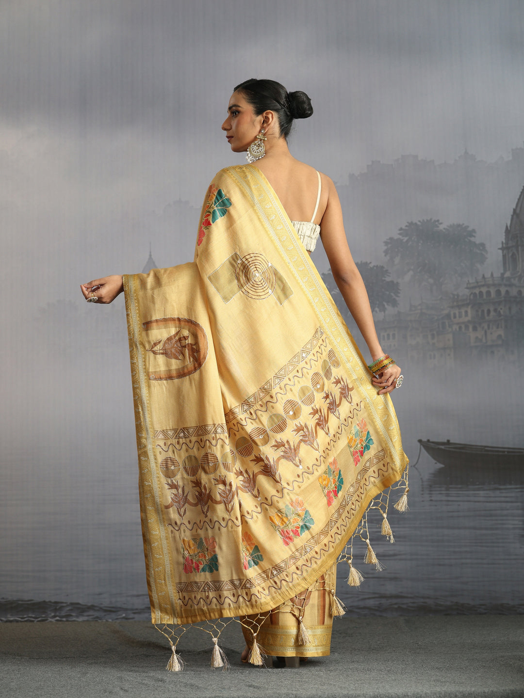 Libas Beige Floral Printed Silk Blend Tassel Saree