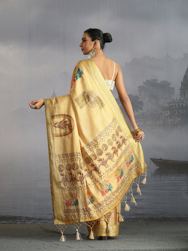 Libas Beige Floral Printed Silk Blend Tassel Saree