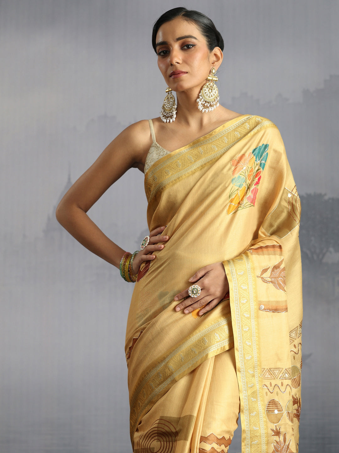 Libas Beige Floral Printed Silk Blend Tassel Saree