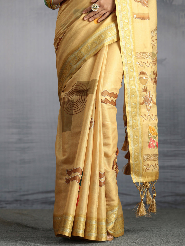 Libas Beige Floral Printed Silk Blend Tassel Saree