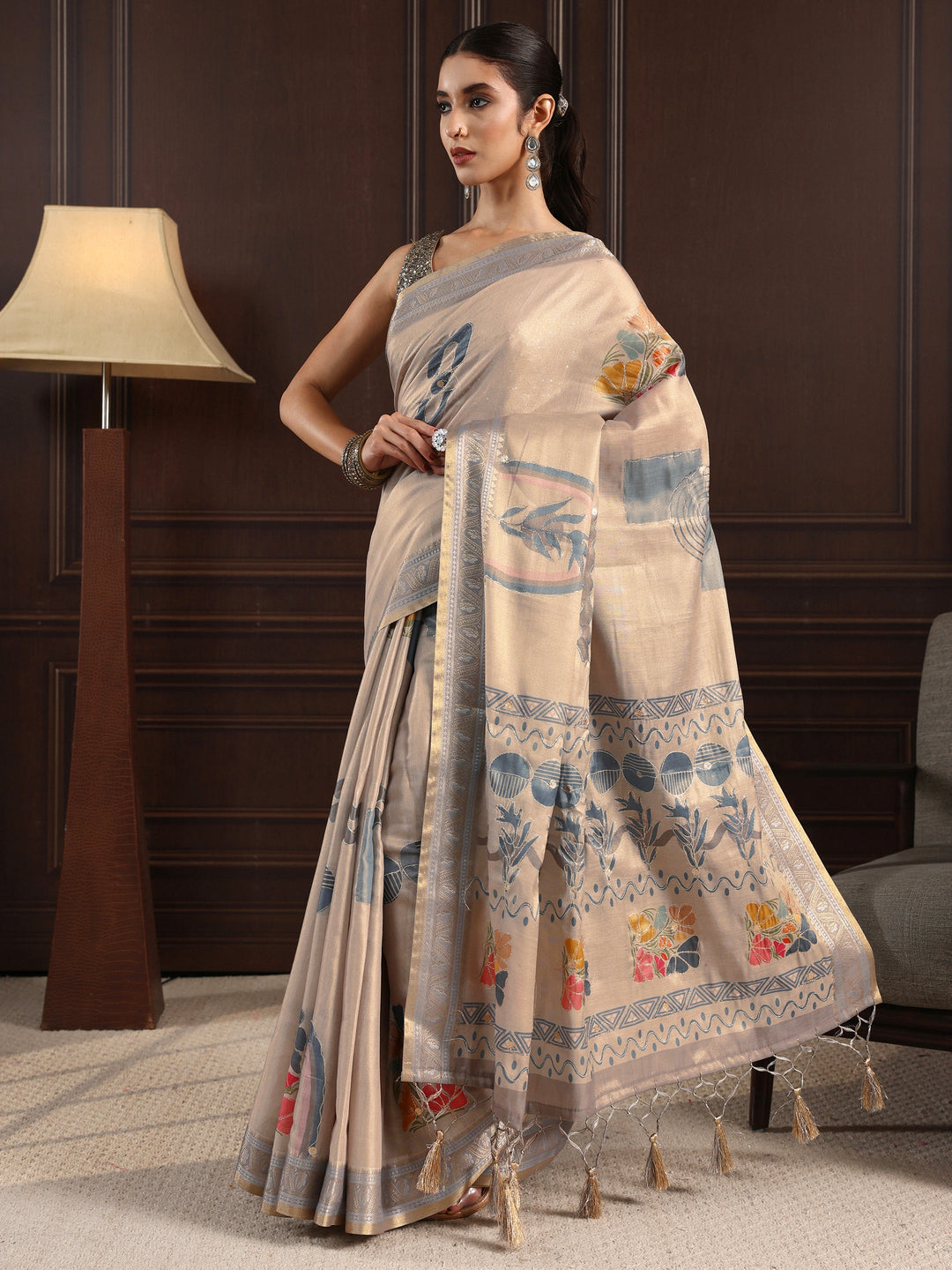 Libas Grey Multi Printed Silk Blend Tassel Saree