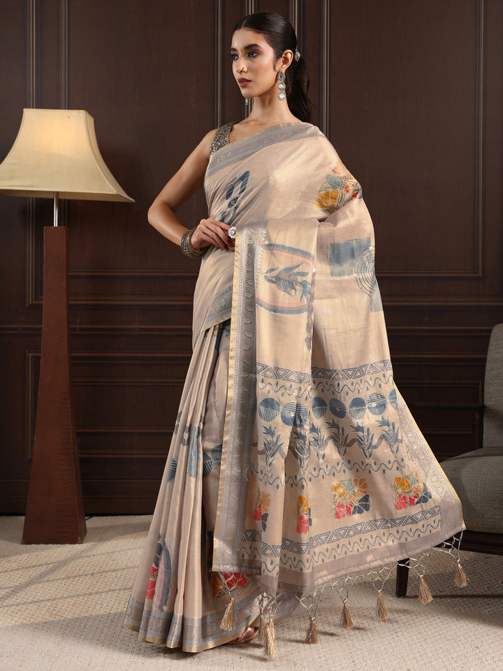 Libas Grey Multi Printed Silk Blend Tassel Saree
