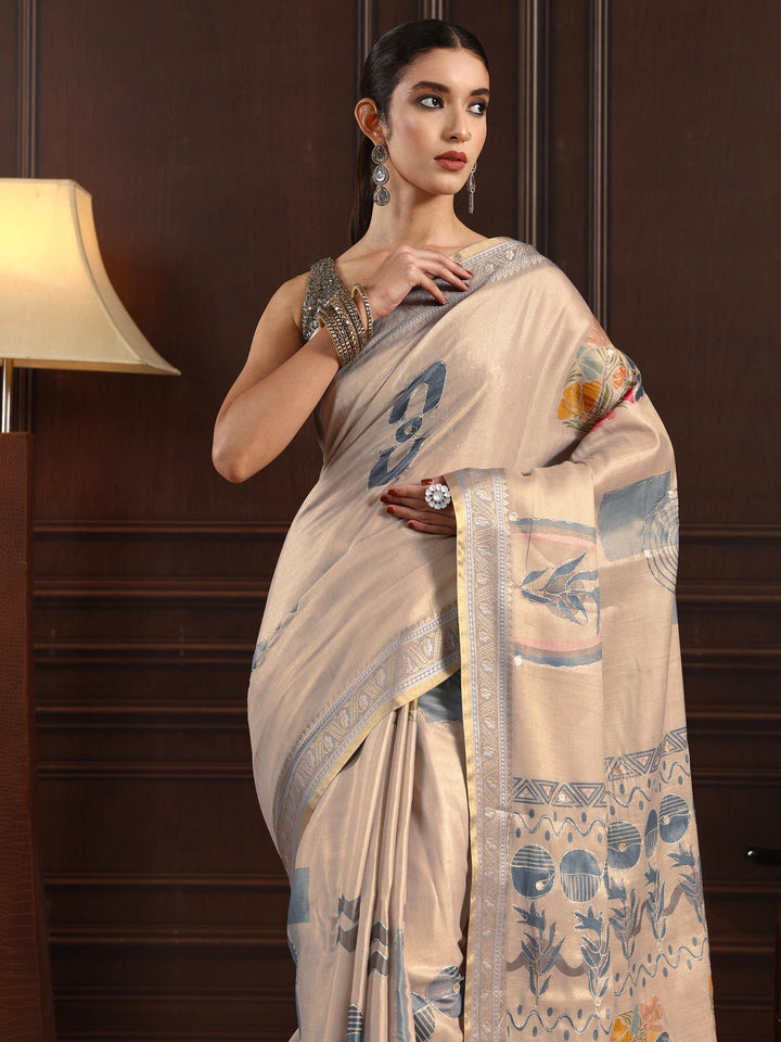 Libas Grey Multi Printed Silk Blend Tassel Saree