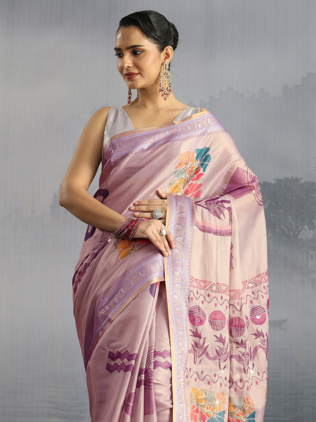 Libas Lavender Floral Printed Silk Blend Tassel Saree