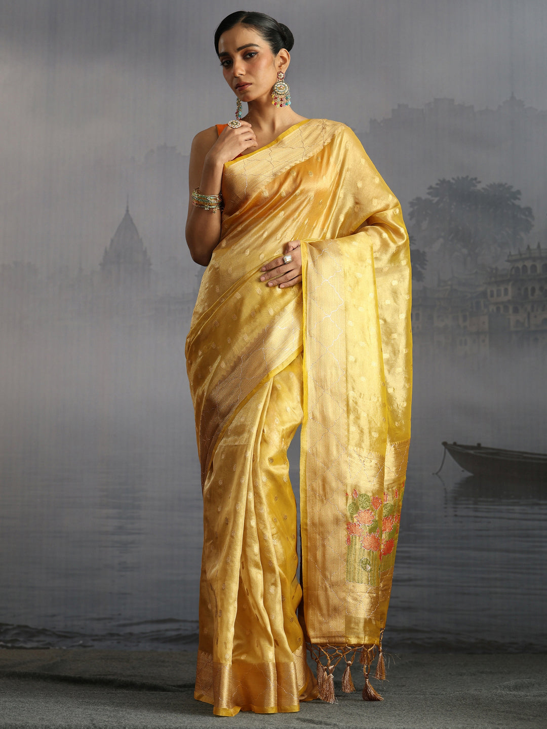 Libas Yellow Jacquard Woven Design Silk Blend Tassel Saree