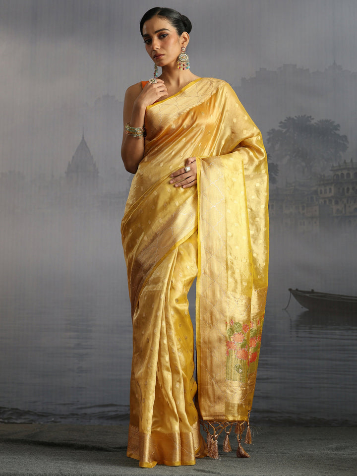 Libas Yellow Jacquard Woven Design Silk Blend Tassel Saree