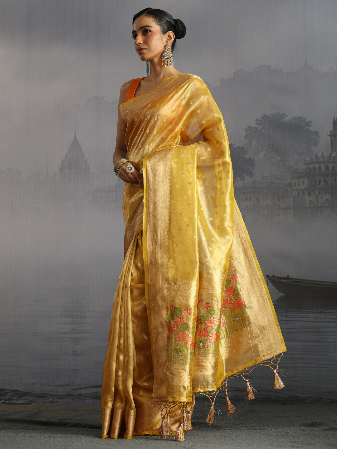 Libas Yellow Jacquard Woven Design Silk Blend Tassel Saree