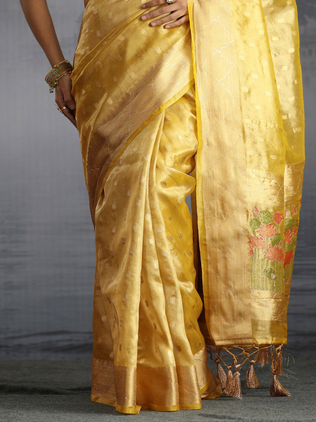Libas Yellow Jacquard Woven Design Silk Blend Tassel Saree