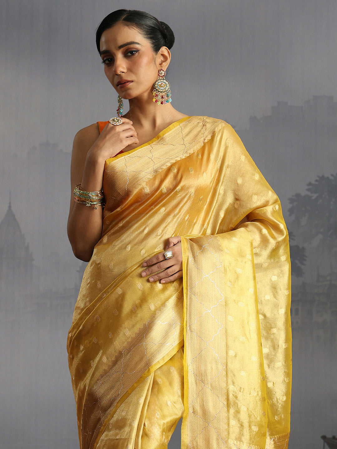 Libas Yellow Jacquard Woven Design Silk Blend Tassel Saree