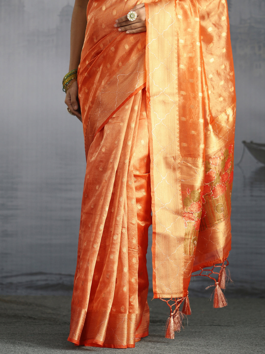 Libas Peach Jacquard Woven Design Silk Blend Tassel Saree