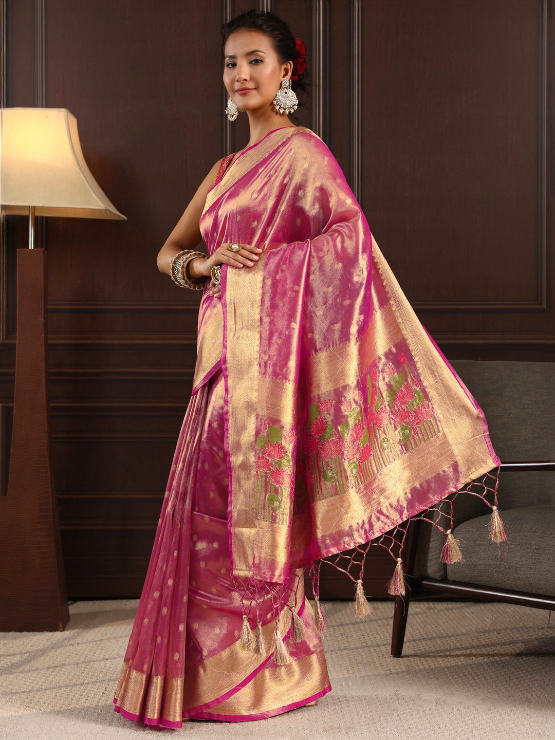 Libas Pink Woven Design Silk Blend Tassel Saree
