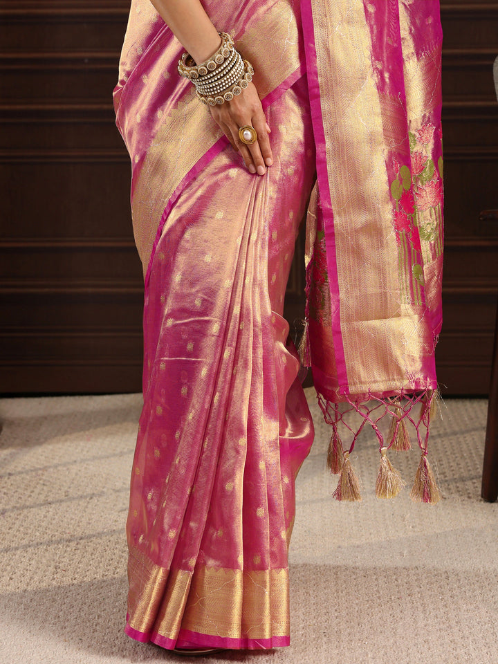 Libas Pink Woven Design Silk Blend Tassel Saree