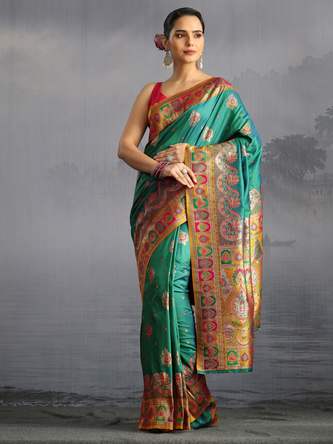 Libas Green Floral Woven Design Satin Saree