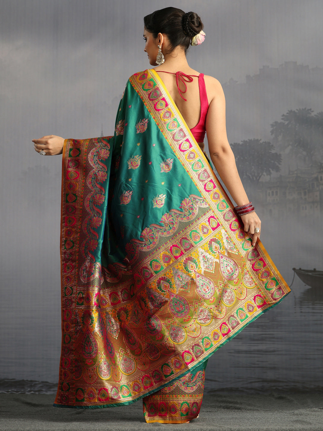 Libas Green Floral Woven Design Satin Saree