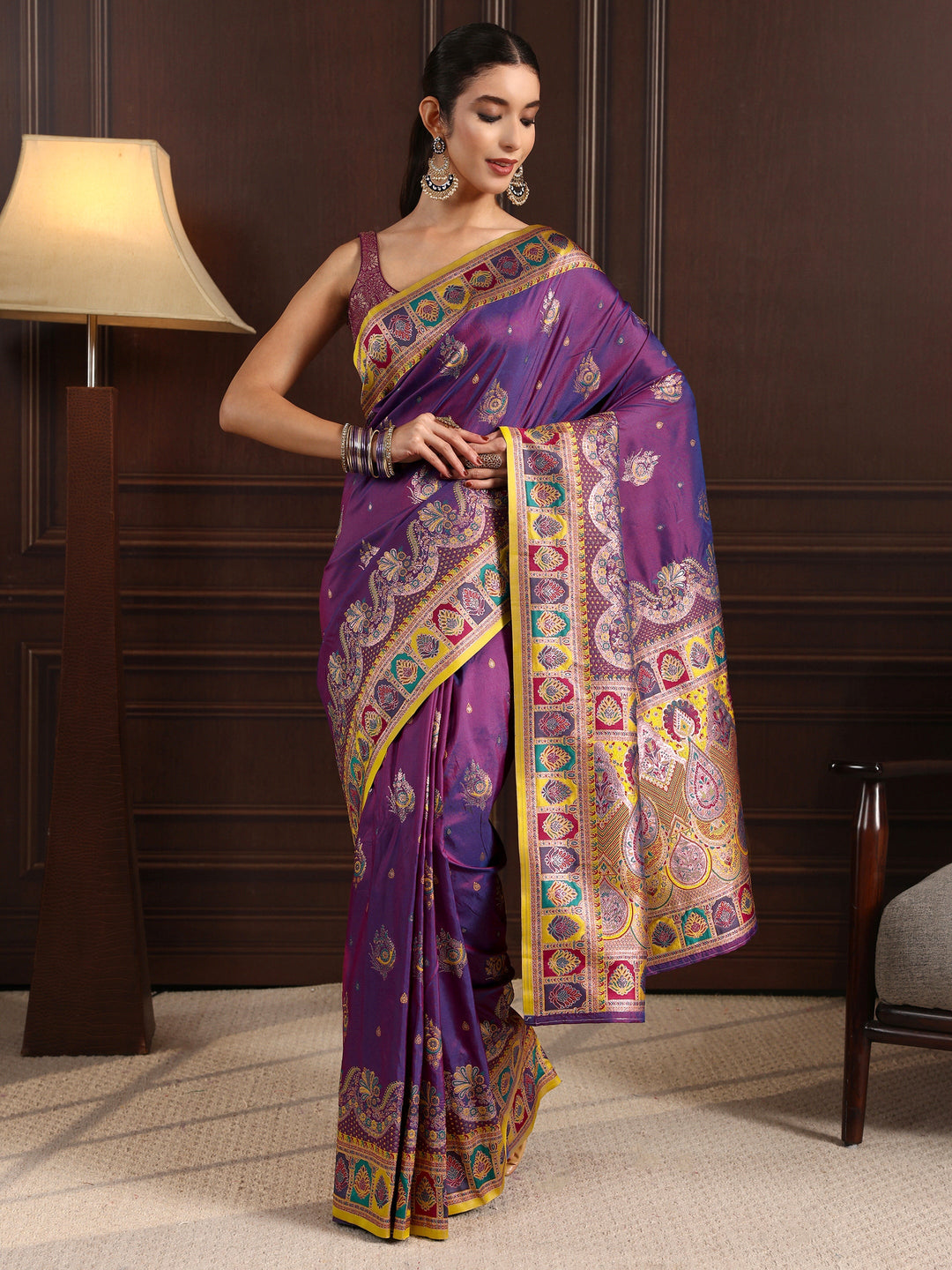 Libas Royal Purple Ethnic Woven Design Satin Saree