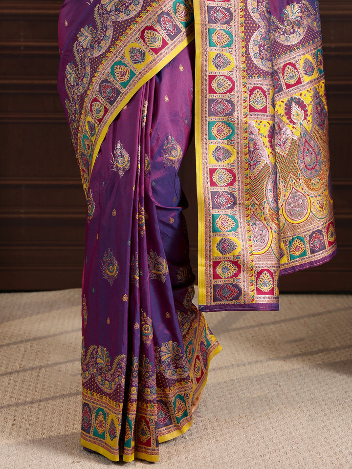 Libas Royal Purple Ethnic Woven Design Satin Saree