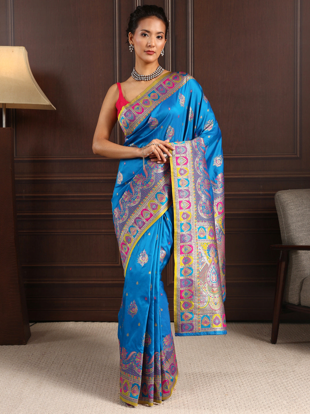 Libas Royal Blue Ethnic Woven Design Satin Saree