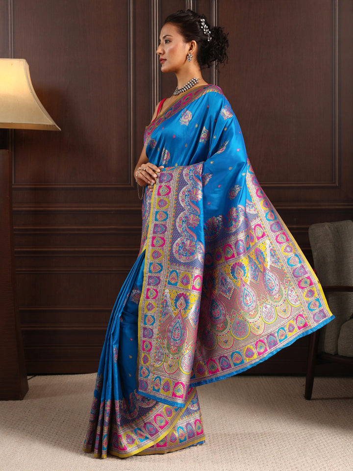 Libas Royal Blue Ethnic Woven Design Satin Saree