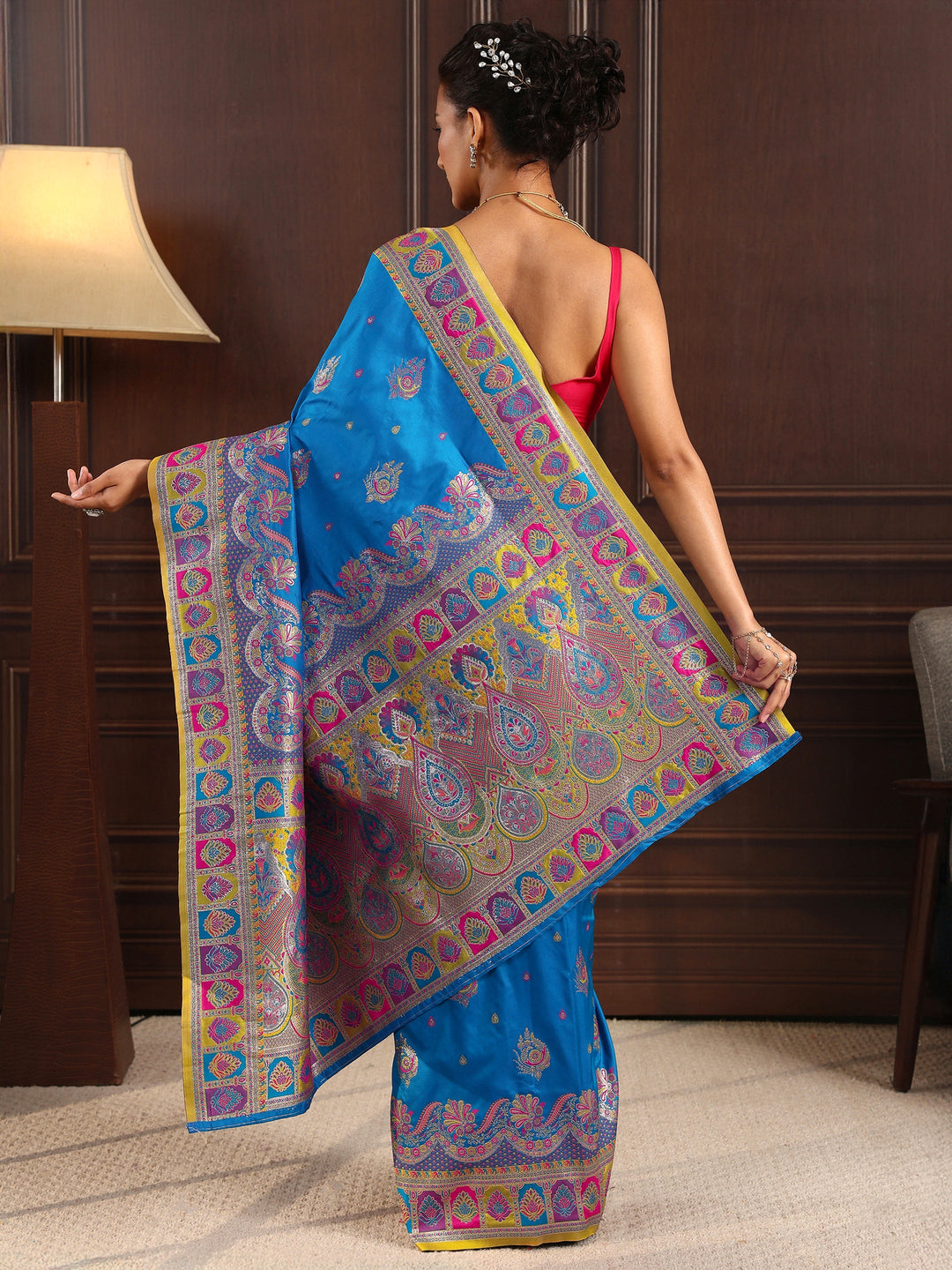 Libas Royal Blue Ethnic Woven Design Satin Saree