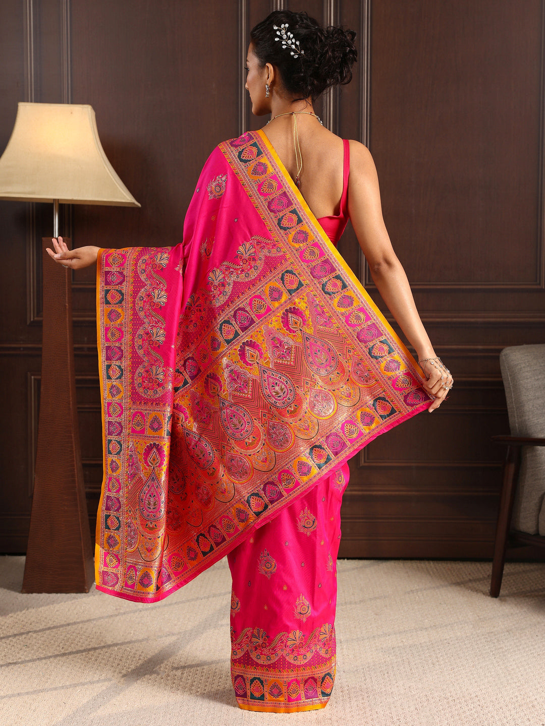 Libas Fuchsia Pink Ethnic Woven Design Satin Saree