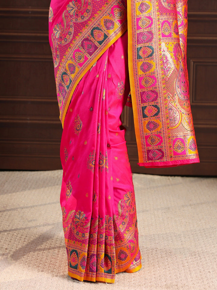 Libas Fuchsia Pink Ethnic Woven Design Satin Saree