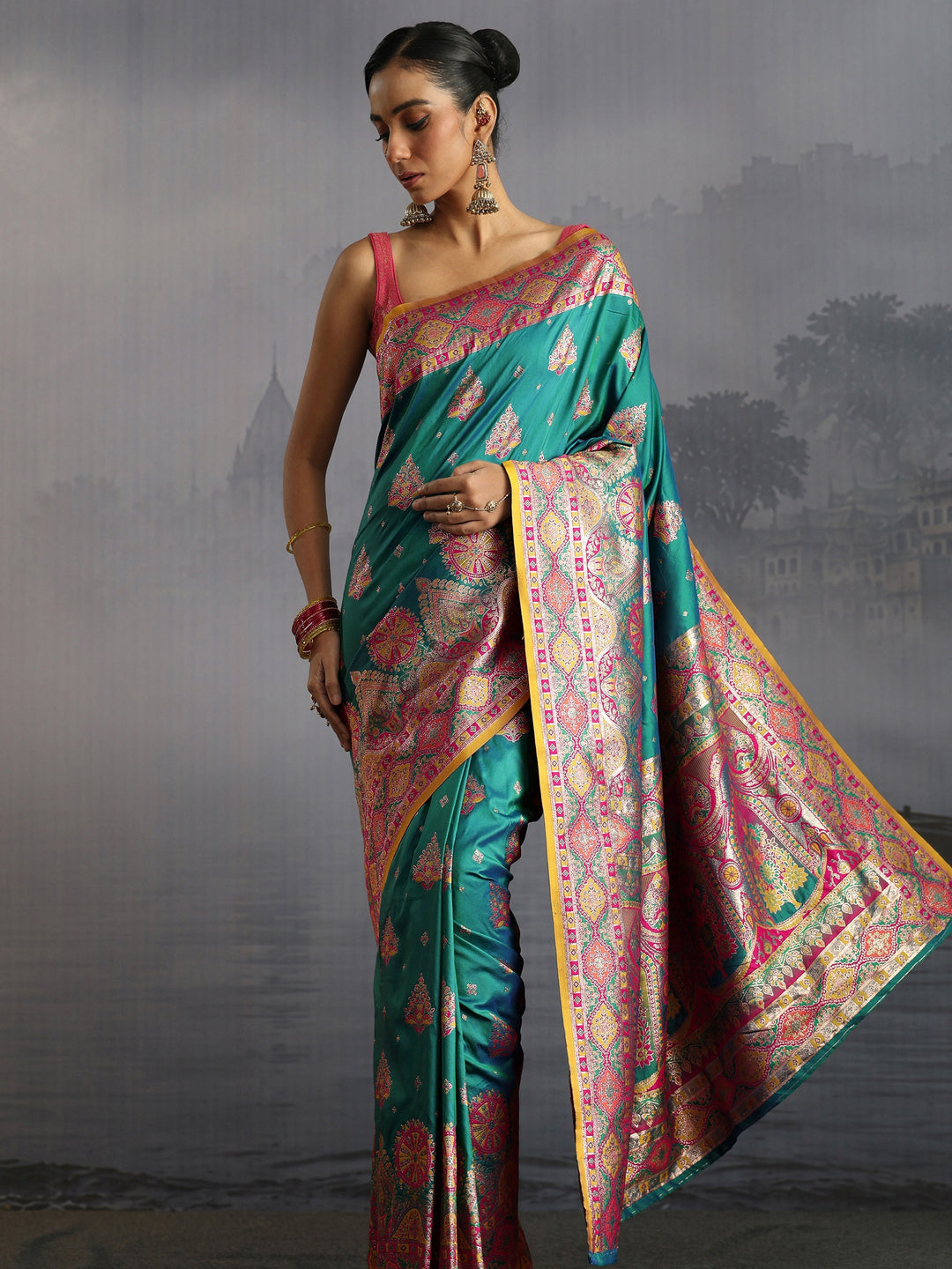 Libas Sea Green Floral Woven Design Satin Saree