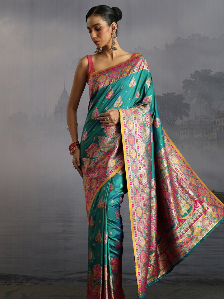 Libas Sea Green Floral Woven Design Satin Saree