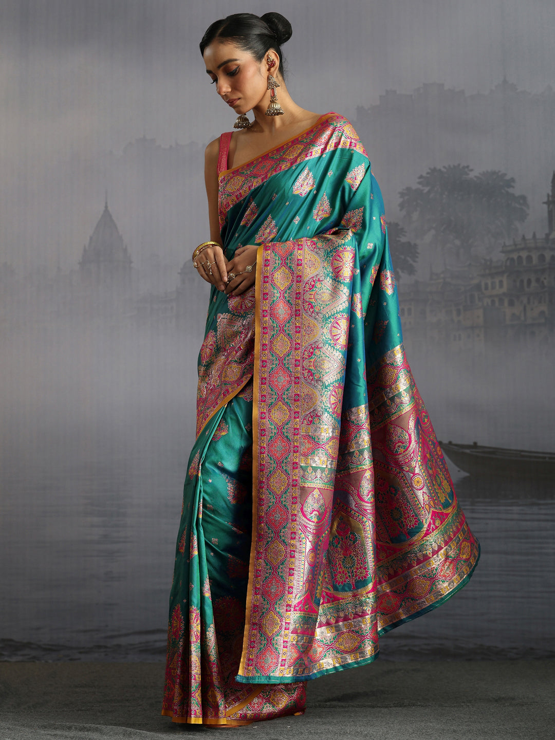 Libas Sea Green Floral Woven Design Satin Saree