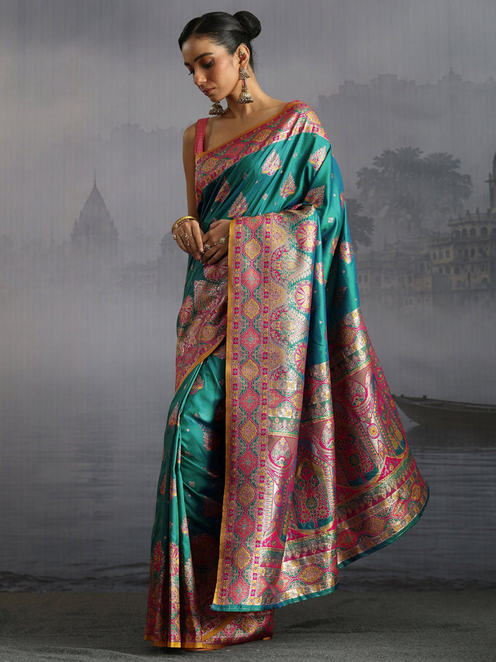 Libas Sea Green Floral Woven Design Satin Saree