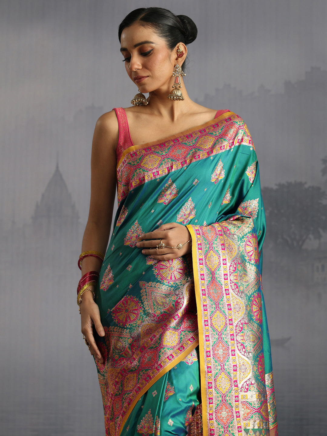 Libas Sea Green Floral Woven Design Satin Saree