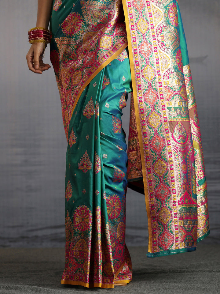 Libas Sea Green Floral Woven Design Satin Saree