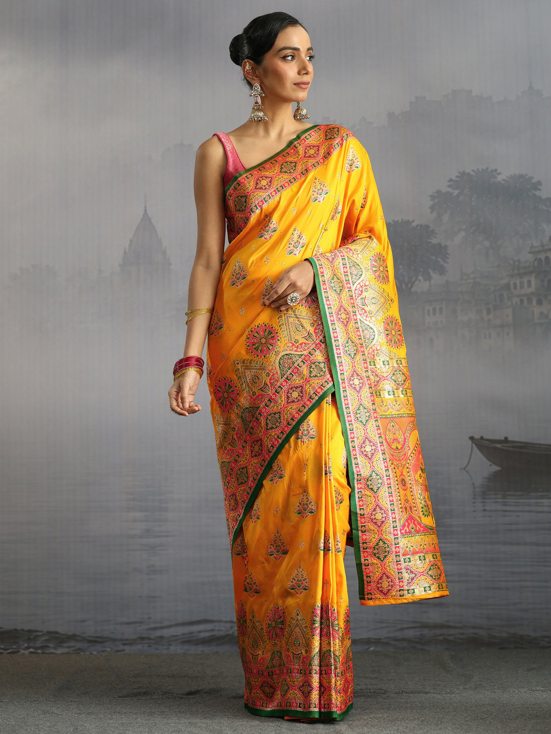 Libas Mustard Floral Woven Design Satin Saree