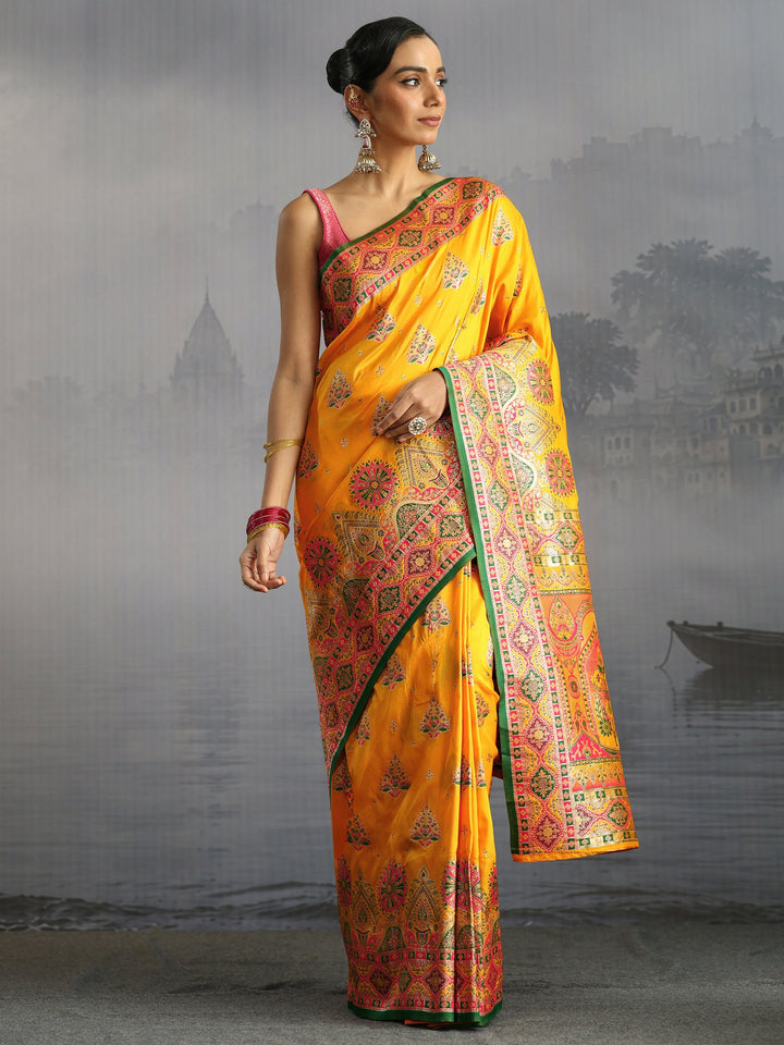 Libas Mustard Floral Woven Design Satin Saree