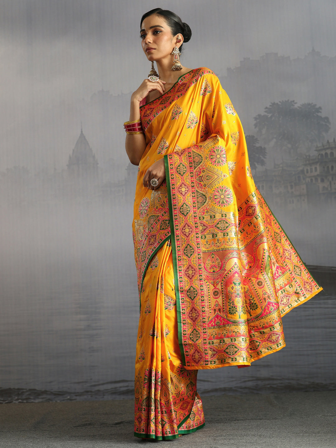 Libas Mustard Floral Woven Design Satin Saree