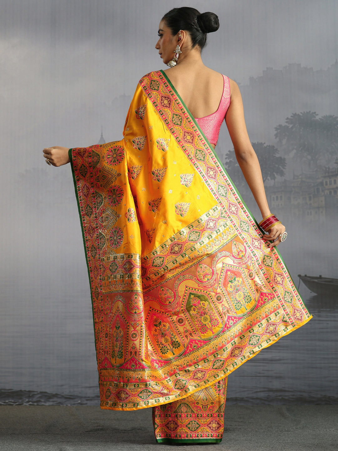 Libas Mustard Floral Woven Design Satin Saree