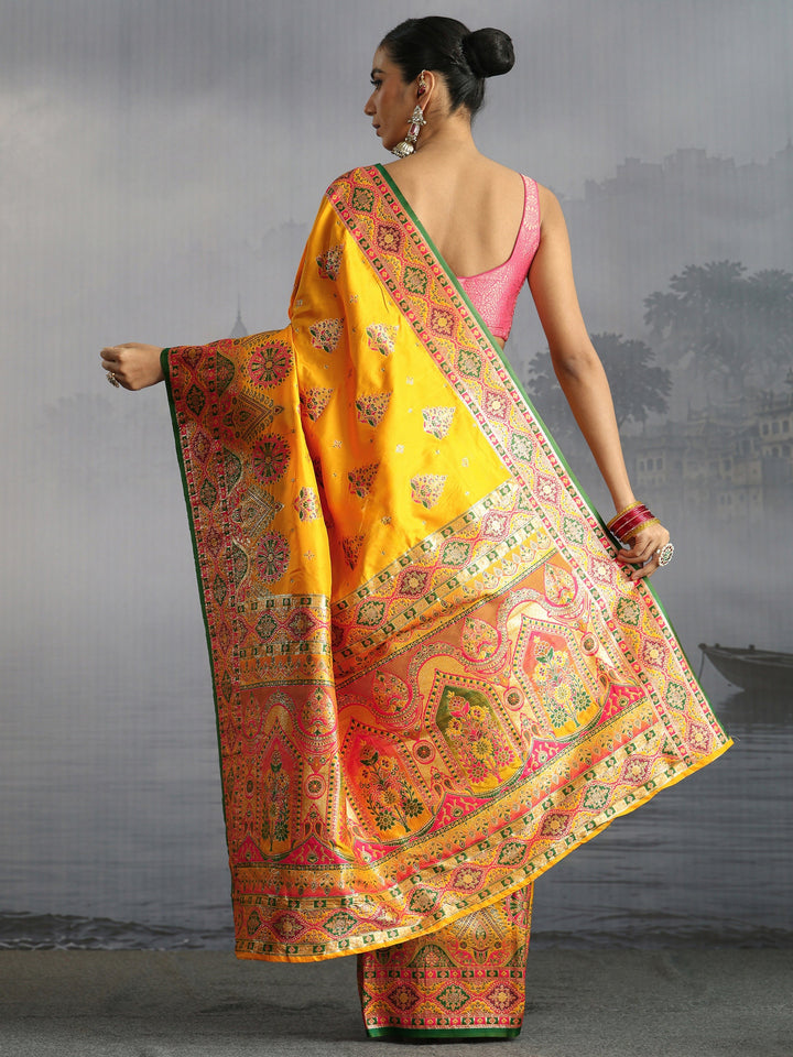 Libas Mustard Floral Woven Design Satin Saree