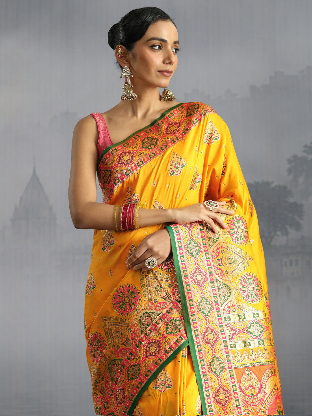 Libas Mustard Floral Woven Design Satin Saree