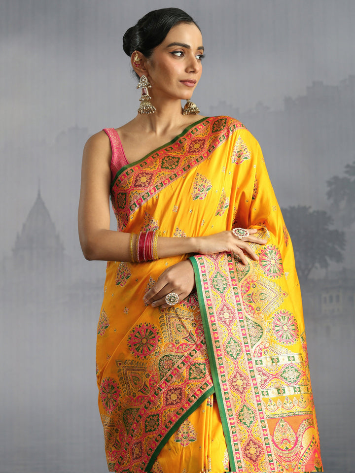 Libas Mustard Floral Woven Design Satin Saree