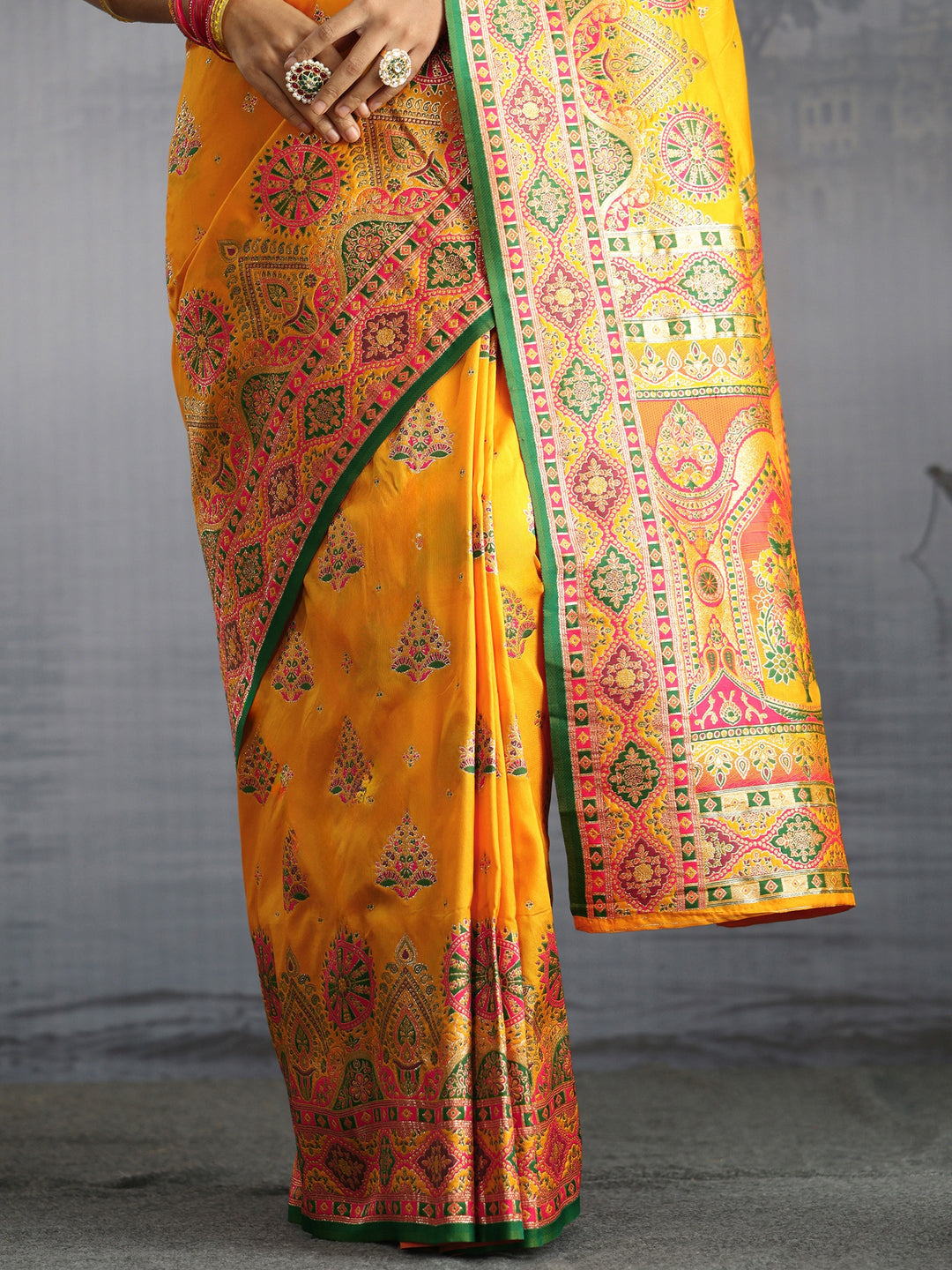 Libas Mustard Floral Woven Design Satin Saree