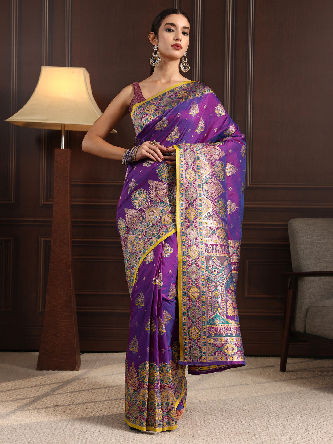 Libas Royal Purple Ethnic Woven Design Satin Saree