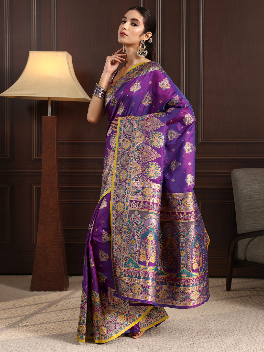 Libas Royal Purple Ethnic Woven Design Satin Saree