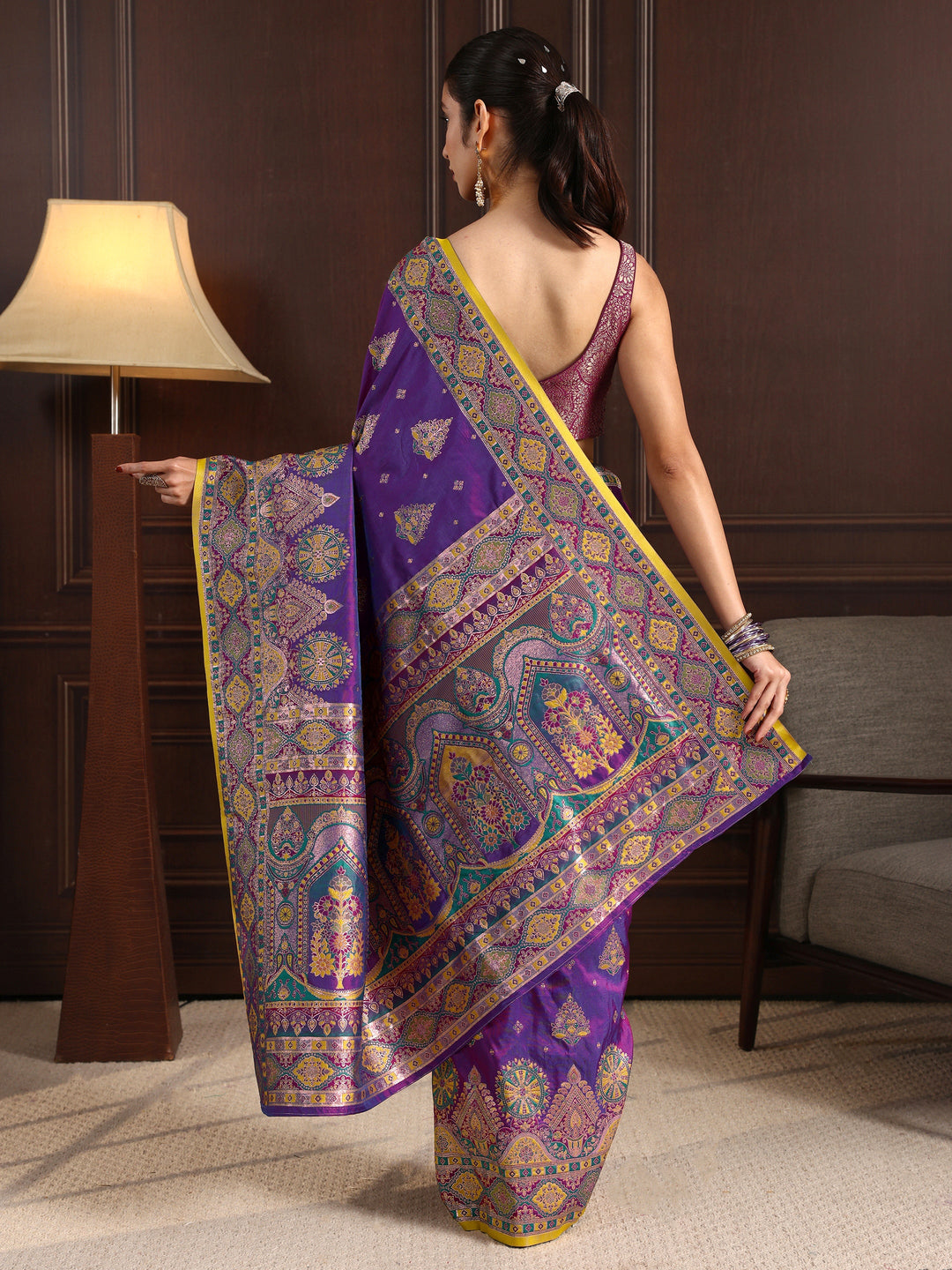 Libas Royal Purple Ethnic Woven Design Satin Saree