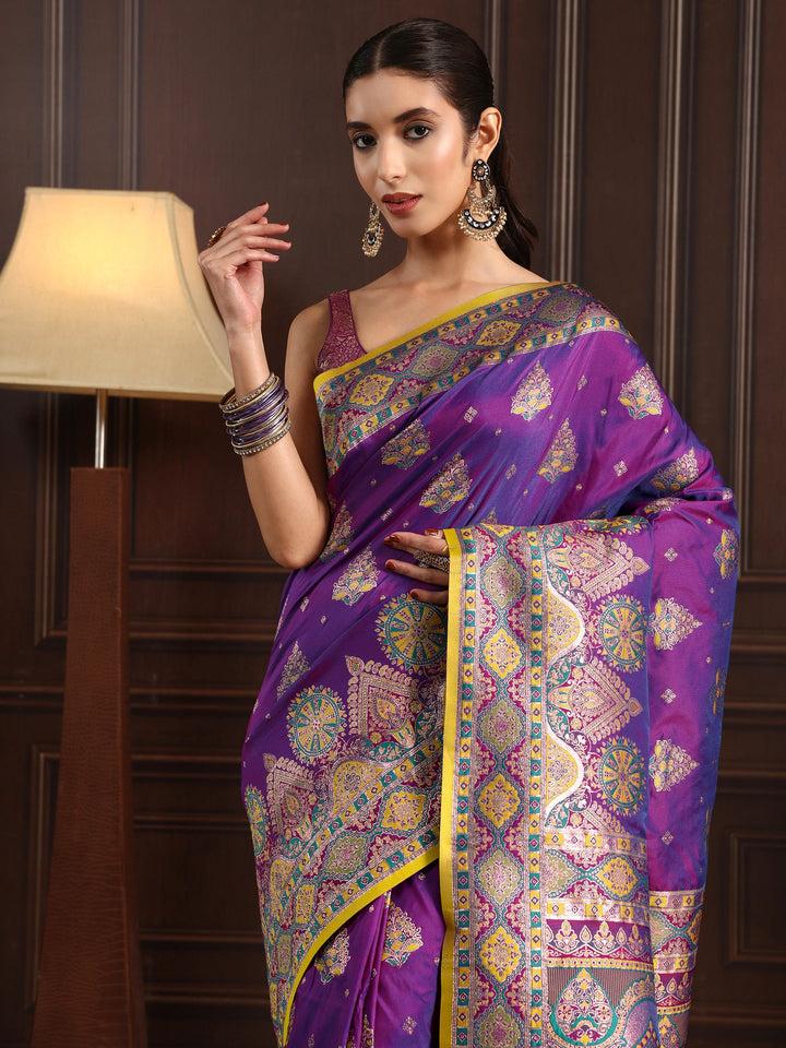 Libas Royal Purple Ethnic Woven Design Satin Saree